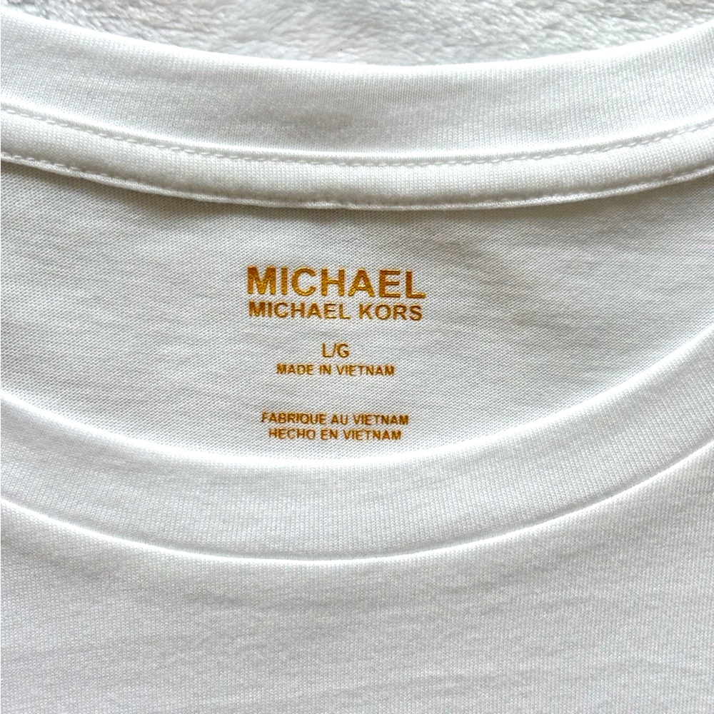 MICHAEL KORS White Cropped Short Sleeve T-Shirt with Metallic Gold Logo--L - Picture 9 of 13